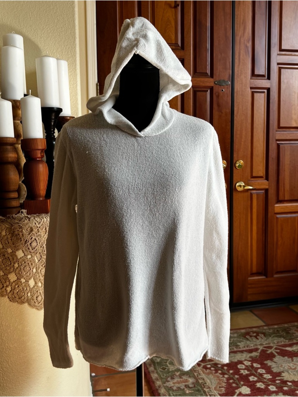 United KnitWear Lovely White Chunky Knit Long Sleeve Hoodie Sweater Medium